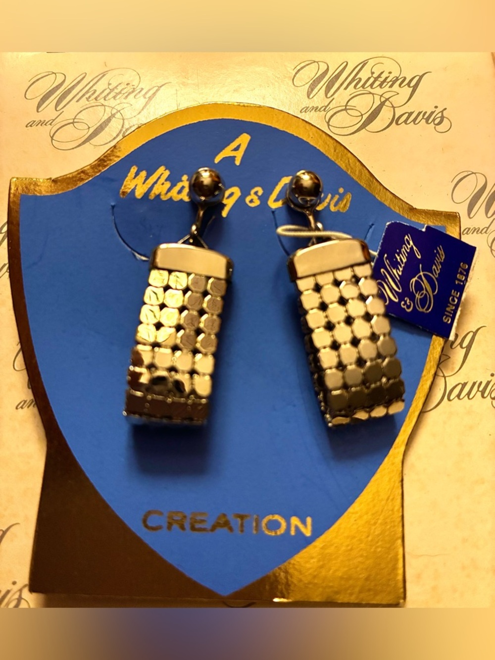 Whiting & Davis, New, on Original Card Silver Clip-on Textured Dangle Earrings